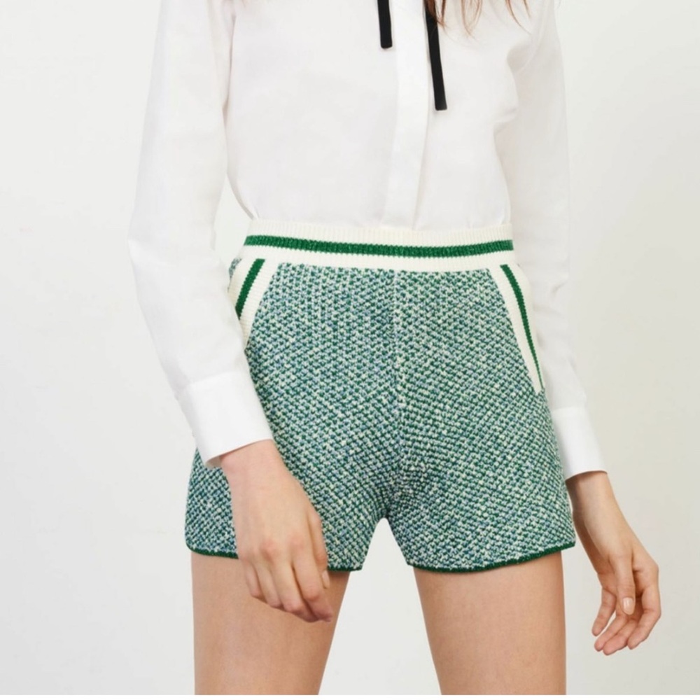 Maje Green High Waist Shorts with Textured Knit